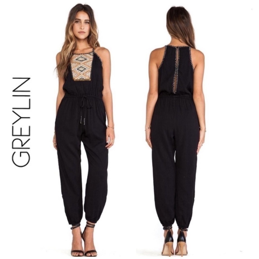Greylin Anya Jumpsuit in black, Cotton blend, fully lined, bohemian, size S